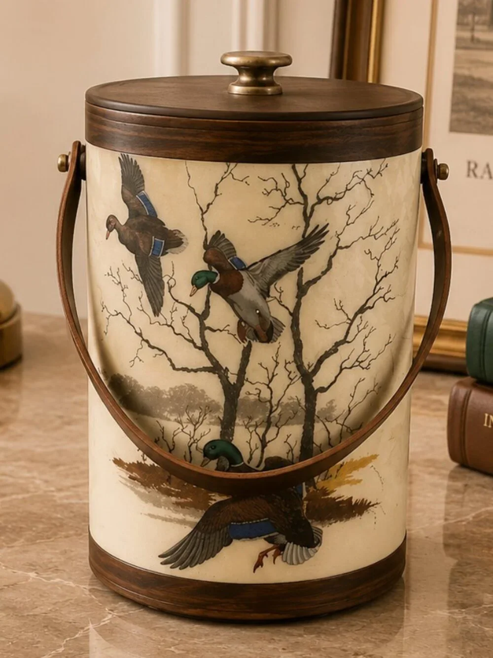Vintage Mallard Duck Ice Bucket With Detailed Wildlife and Leather Swing Handle